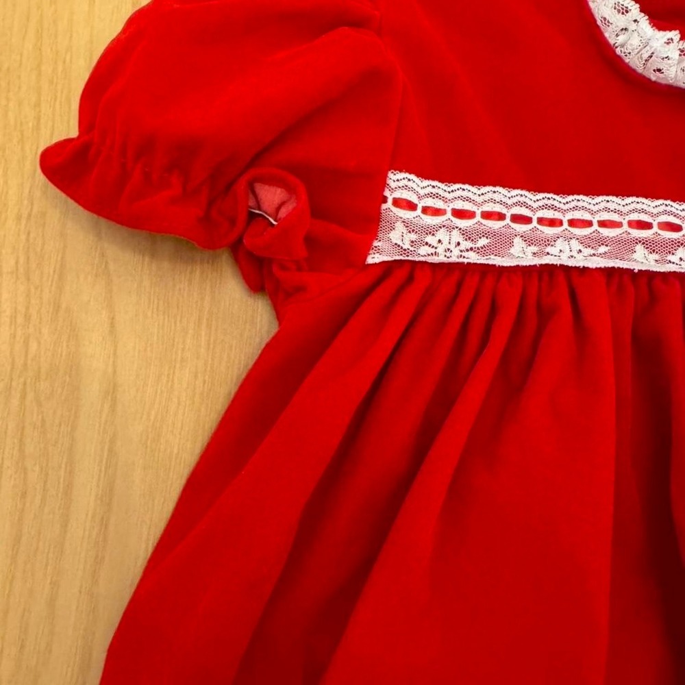 VTG Cutest One Velvet Lace Trim Dress Kids 3T Red Holiday Coquette Cottagecore - Picture 3 of 7
